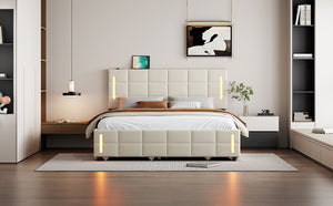 English Elm Queen LED Upholstered Platform Bed with Trundle, USB Ports, Dual Drawers and App-Controlled Lights Beige SF000074AAA