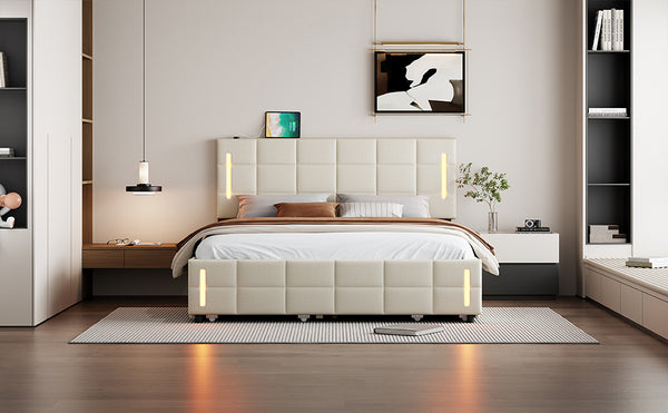 English Elm Queen LED Upholstered Platform Bed with Trundle, USB Ports, Dual Drawers and App-Controlled Lights Beige SF000074AAA