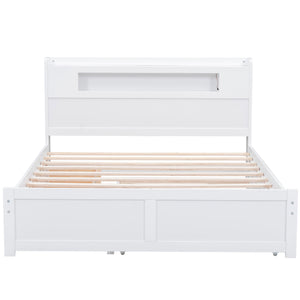 English Elm Queen Wood Storage Platform Bed with LED Lighting, 2 Drawers & Twin Trundle for Space Saving Comfort White GX000357AAK