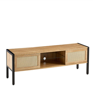 English Elm 54.33" Woven Rattan Tv Console with Rgb Lighting Sliding Doors and Slim Metal Legs W1265121746