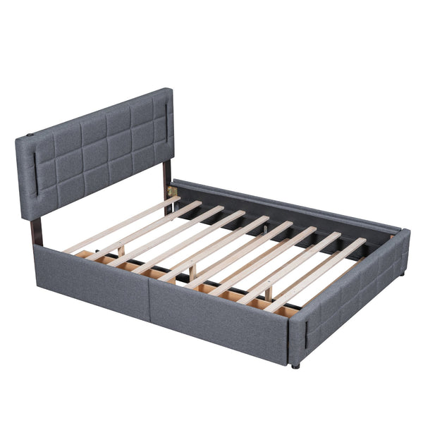 English Elm Queen LED Upholstered Platform Bed with Trundle, USB Ports, Dual Drawers and App-Controlled Lights Gray SF000074AAE