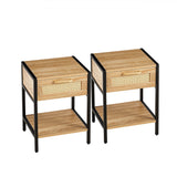 English Elm Set Of 2, 15.74" Rattan End Table With Drawer, Modern Nightstand, Metal Legs,Side Table For Living Room, Bedroom,Natural