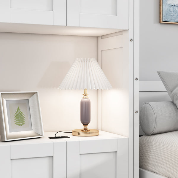 English Elm Full Murphy Bed with Side Cabinet, Desk Combo, USB Charging, Adjustable Shelves, 600lb Capacity, White BS7012008109C