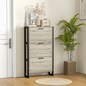 English Elm Industrial Shoe Cabinet with 3 Flip Drawers for Narrow Entryway — Slim 15-Pair Storage, Rustic Black Frame and Woodgrain Panels, Anti-Tip Design Walnut W2225141230