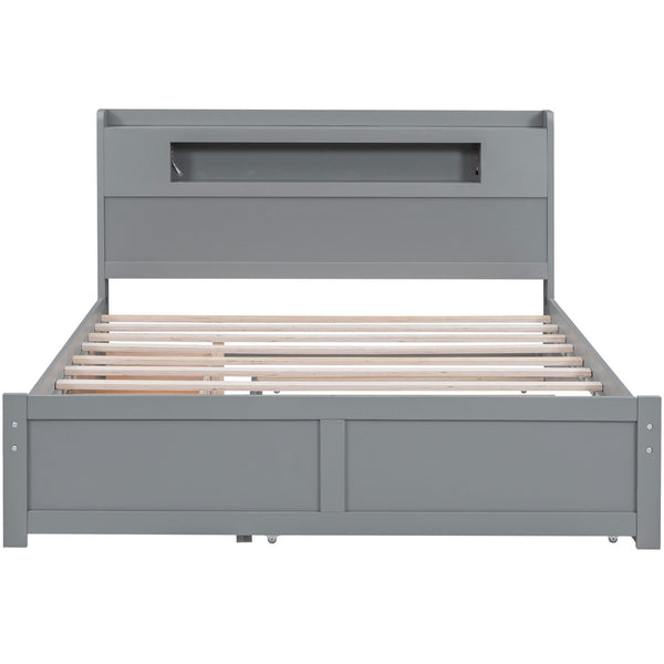 English Elm Queen Wood Storage Platform Bed with LED Lighting, 2 Drawers & Twin Trundle for Space Saving Comfort Gray GX000357AAE
