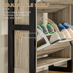 English Elm Industrial Shoe Cabinet with 3 Flip Drawers for Narrow Entryway — Slim 15-Pair Storage, Rustic Black Frame and Woodgrain Panels, Anti-Tip Design Walnut W2225141230