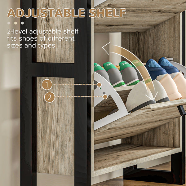 English Elm Industrial Shoe Cabinet with 3 Flip Drawers for Narrow Entryway — Slim 15-Pair Storage, Rustic Black Frame and Woodgrain Panels, Anti-Tip Design Walnut W2225141230