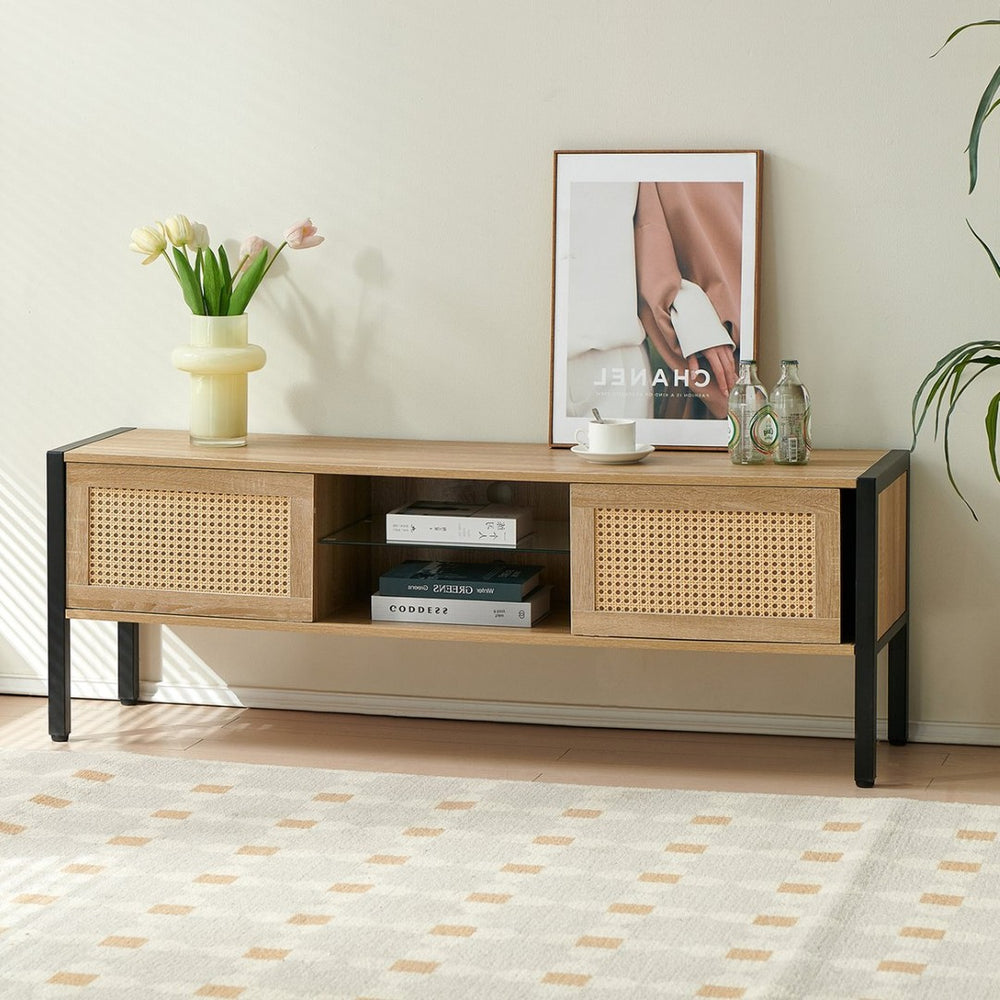 English Elm 54.33" Woven Rattan Tv Console with Rgb Lighting Sliding Doors and Slim Metal Legs W1265121746