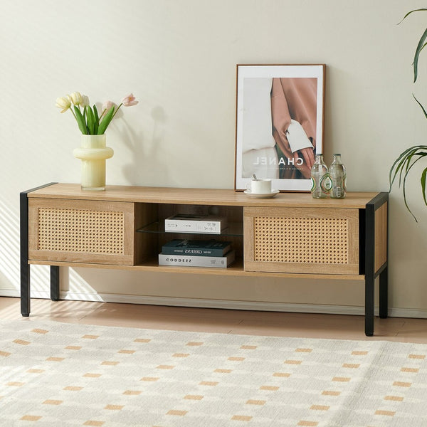 English Elm 54.33" Woven Rattan Tv Console with Rgb Lighting Sliding Doors and Slim Metal Legs W1265121746