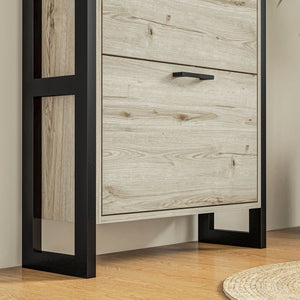 English Elm Industrial Shoe Cabinet with 3 Flip Drawers for Narrow Entryway — Slim 15-Pair Storage, Rustic Black Frame and Woodgrain Panels, Anti-Tip Design Walnut W2225141230