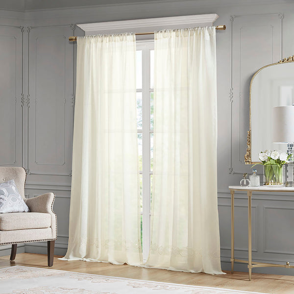 English Elm Embroidery Curtain Panel - Elegant Semi-Sheer Design With Embroidered Hem, 52"W X 84"L, Single Panel B035129647