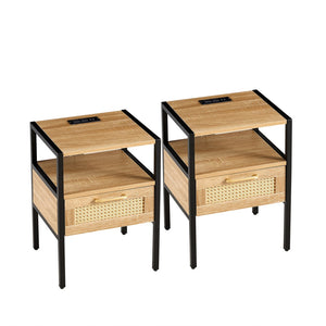 English Elm Set Of 2, 15.75" Rattan End Table With Power Outlet & Usb Ports , Modern Nightstand With Drawer and Metal Legs, Side Table For Living Room, Bedroom,Natural