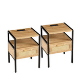 Rattan End Tables Set of 2 with USB Ports, Power Outlet, Metal Legs - Natural