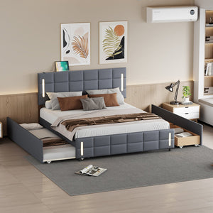 English Elm Queen LED Upholstered Platform Bed with Trundle, USB Ports, Dual Drawers and App-Controlled Lights Gray SF000074AAE