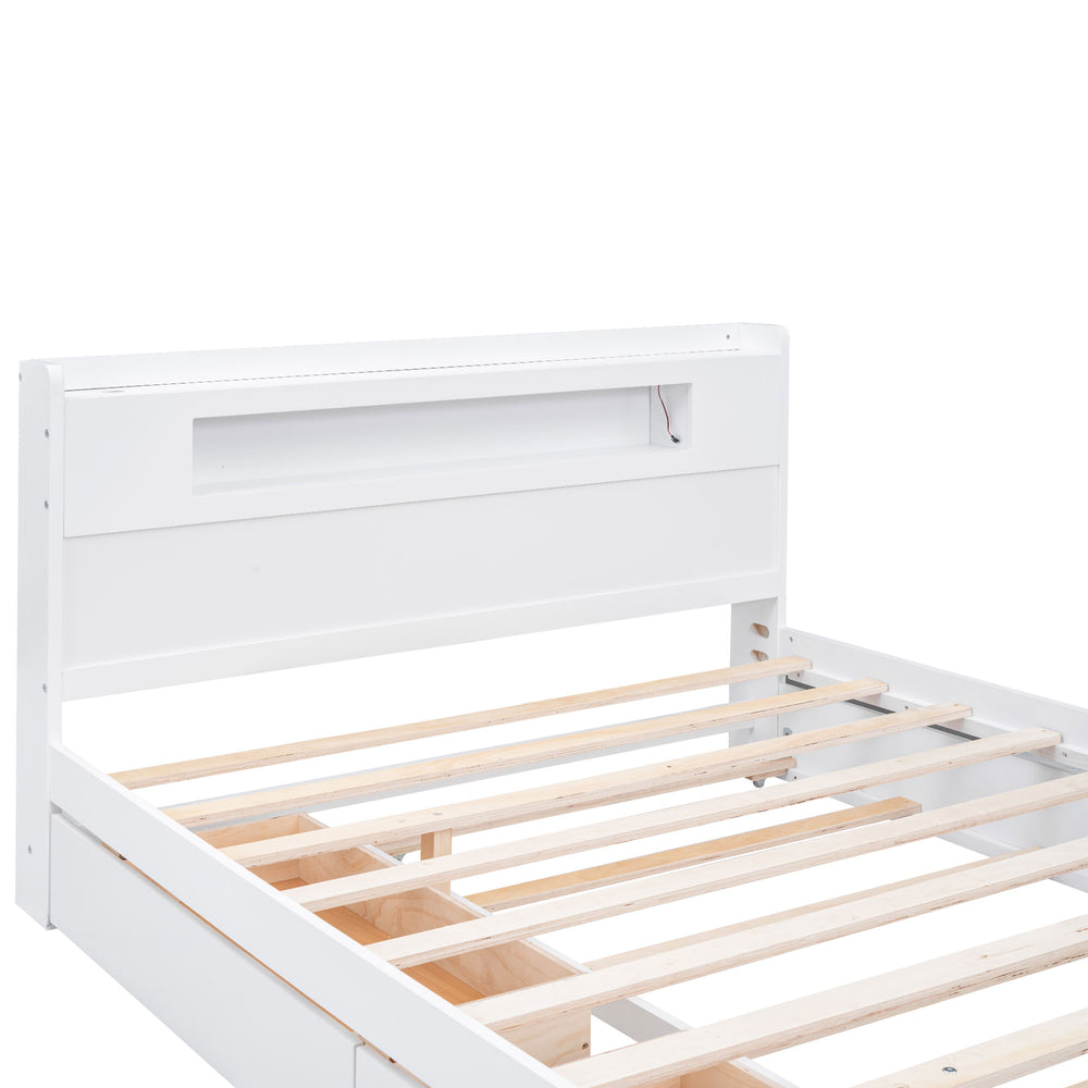 English Elm Queen Wood Storage Platform Bed with LED Lighting, 2 Drawers & Twin Trundle for Space Saving Comfort White GX000357AAK