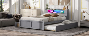 English Elm Queen Wood Storage Platform Bed with LED Lighting, 2 Drawers & Twin Trundle for Space Saving Comfort Gray GX000357AAE