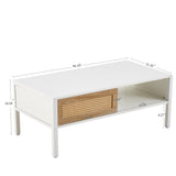 English Elm 40.16" Rattan Coffee Table, Sliding Door For Storage, Metal Legs, Modern Table For Living Room , White