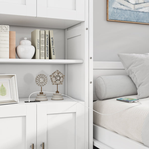 English Elm Full Murphy Bed with Side Cabinet, Desk Combo, USB Charging, Adjustable Shelves, 600lb Capacity, White BS7012008109C
