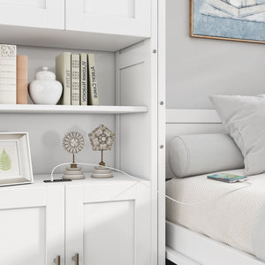 English Elm Full Murphy Bed with Desk & 2 Bookshelves, USB Ports, Adjustable Shelves, 600LB Capacity White BS7013008109C