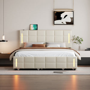 English Elm Queen LED Upholstered Platform Bed with Trundle, USB Ports, Dual Drawers and App-Controlled Lights Beige SF000074AAA