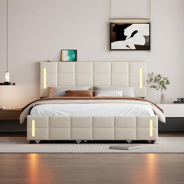 English Elm Queen LED Upholstered Platform Bed with Trundle, USB Ports, Dual Drawers and App-Controlled Lights Beige SF000074AAA