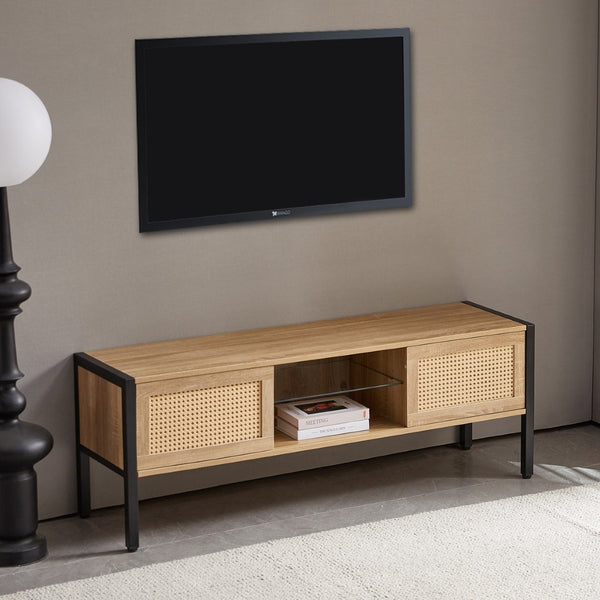 English Elm 54.33" Woven Rattan Tv Console with Rgb Lighting Sliding Doors and Slim Metal Legs W1265121746