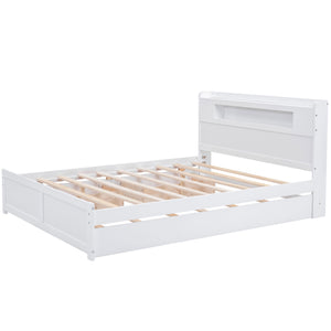 English Elm Queen Wood Storage Platform Bed with LED Lighting, 2 Drawers & Twin Trundle for Space Saving Comfort White GX000357AAK