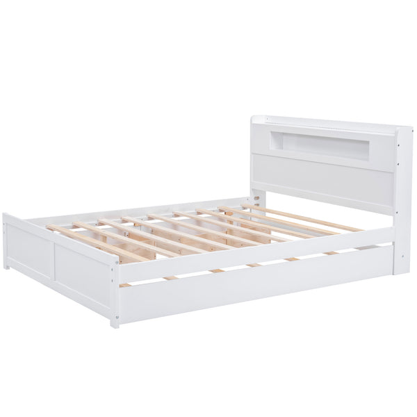 English Elm Queen Wood Storage Platform Bed with LED Lighting, 2 Drawers & Twin Trundle for Space Saving Comfort White GX000357AAK
