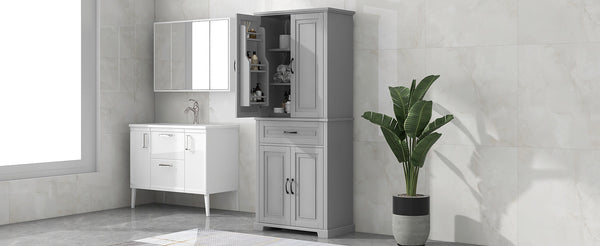 English Elm Bathroom Tall Storage Cabinet with Doors and Drawer, Adjustable Shelf, Anti-Tip Safety, MDF Finish Grey N725P210330E