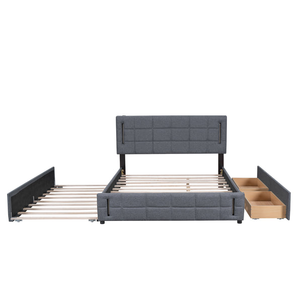 English Elm Queen LED Upholstered Platform Bed with Trundle, USB Ports, Dual Drawers and App-Controlled Lights Gray SF000074AAE