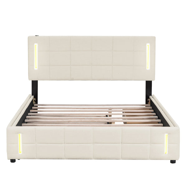 English Elm Queen LED Upholstered Platform Bed with Trundle, USB Ports, Dual Drawers and App-Controlled Lights Beige SF000074AAA
