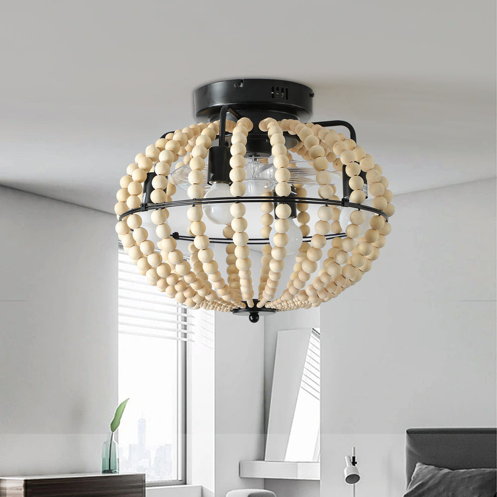 English Elm 18" Bohemian Wood Beaded Chandelier Fan Light Fixture, Flush Mount Mini Chandelier with 6-Speed DC Motor W1340137049