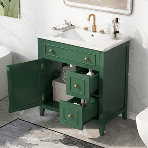 English Elm 30" Bathroom Vanity With Sink Top, Bathroom Vanity Cabinet With Door and Two Drawers, Solid Wood Frame, One Package, Green