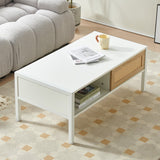 English Elm 40.16" Rattan Coffee Table, Sliding Door For Storage, Metal Legs, Modern Table For Living Room , White