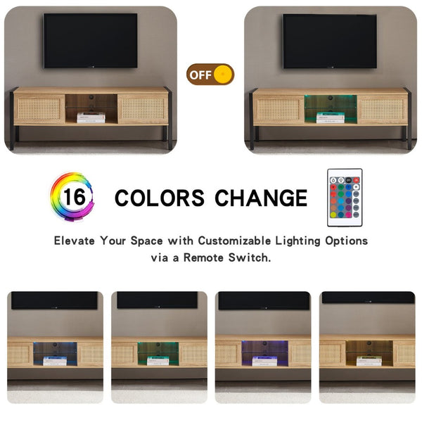 English Elm 54.33" Woven Rattan Tv Console with Rgb Lighting Sliding Doors and Slim Metal Legs W1265121746