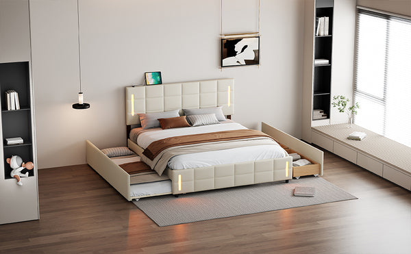 English Elm Queen LED Upholstered Platform Bed with Trundle, USB Ports, Dual Drawers and App-Controlled Lights Beige SF000074AAA