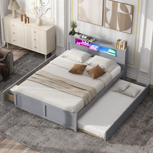 English Elm Queen Wood Storage Platform Bed with LED Lighting, 2 Drawers & Twin Trundle for Space Saving Comfort Gray GX000357AAE