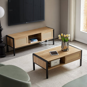 English Elm 54.33" Woven Rattan Tv Console with Rgb Lighting Sliding Doors and Slim Metal Legs W1265121746