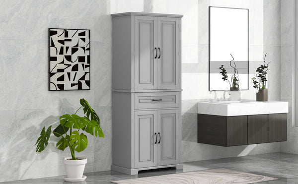 English Elm Bathroom Tall Storage Cabinet with Doors and Drawer, Adjustable Shelf, Anti-Tip Safety, MDF Finish Grey N725P210330E