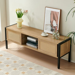 English Elm 54.33" Woven Rattan Tv Console with Rgb Lighting Sliding Doors and Slim Metal Legs W1265121746