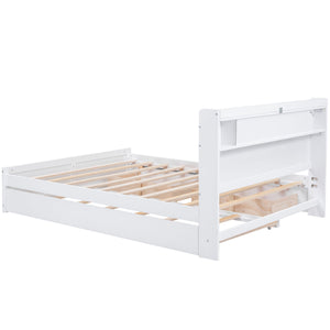 English Elm Queen Wood Storage Platform Bed with LED Lighting, 2 Drawers & Twin Trundle for Space Saving Comfort White GX000357AAK