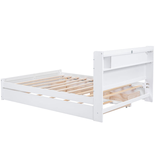 English Elm Queen Wood Storage Platform Bed with LED Lighting, 2 Drawers & Twin Trundle for Space Saving Comfort White GX000357AAK