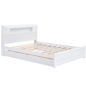 English Elm Queen Wood Storage Platform Bed with LED Lighting, 2 Drawers & Twin Trundle for Space Saving Comfort White GX000357AAK