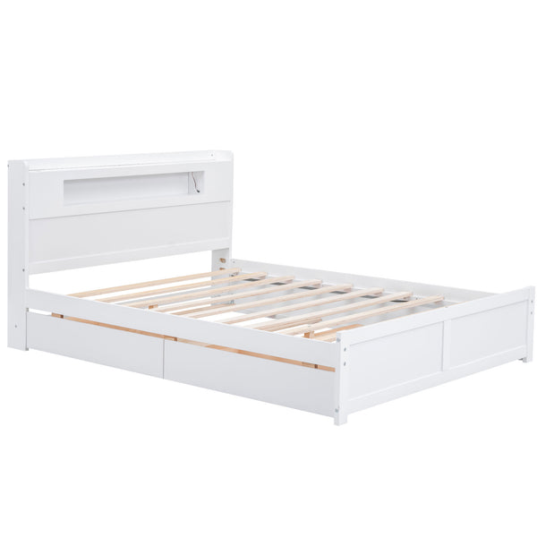 English Elm Queen Wood Storage Platform Bed with LED Lighting, 2 Drawers & Twin Trundle for Space Saving Comfort White GX000357AAK