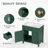 English Elm 30" Bathroom Vanity With Sink Top, Bathroom Vanity Cabinet With Door and Two Drawers, Solid Wood Frame, One Package, Green