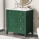 English Elm 30" Bathroom Vanity With Sink Top, Bathroom Vanity Cabinet With Door and Two Drawers, Solid Wood Frame, One Package, Green