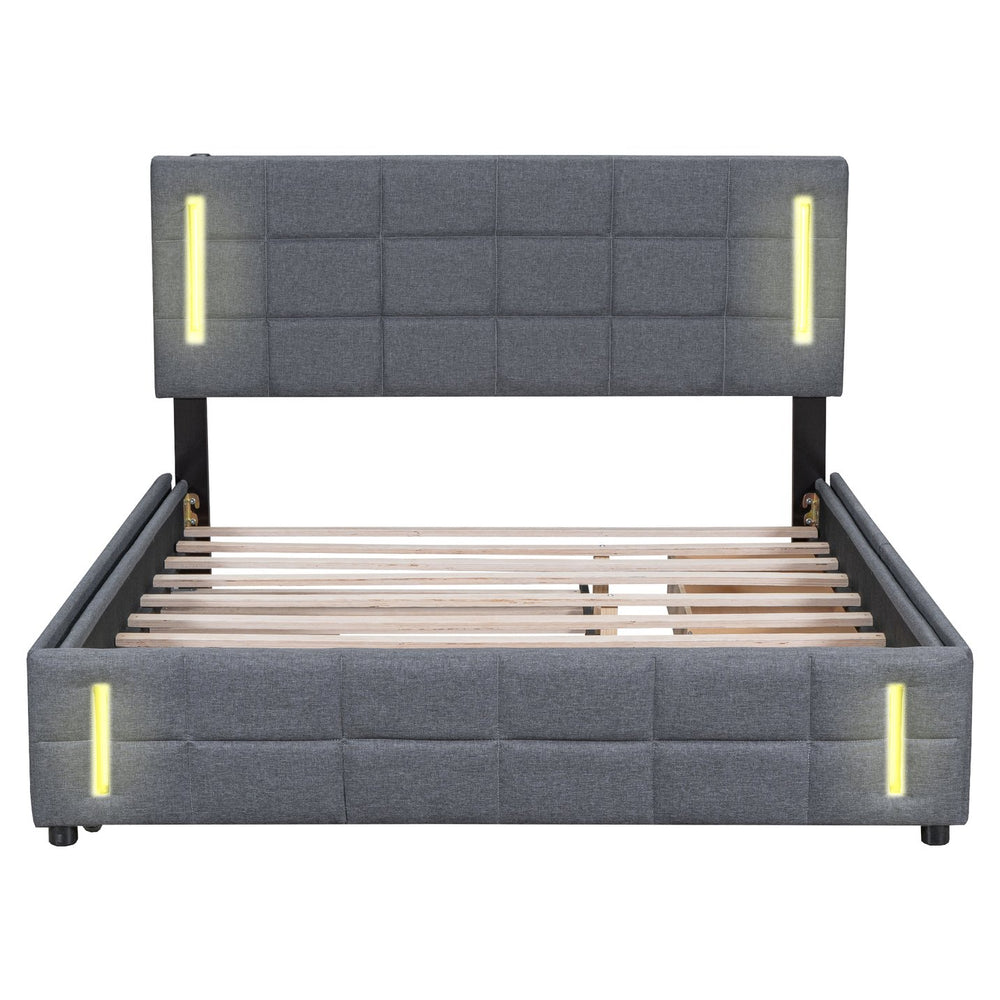 English Elm Queen LED Upholstered Platform Bed with Trundle, USB Ports, Dual Drawers and App-Controlled Lights Gray SF000074AAE