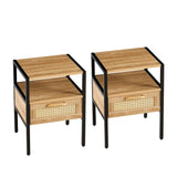 English Elm Set Of 2, 15.75" Rattan End Table With Drawer, Modern Nightstand, Metal Legs,Side Table For Living Room, Bedroom,Natural