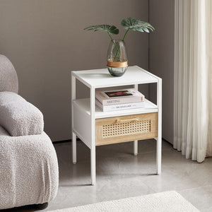 English Elm 15.75" Rattan End Table With Drawer, Modern Nightstand, Metal Legs,Side Table For Living Room, Bedroom,White(1 Piece )