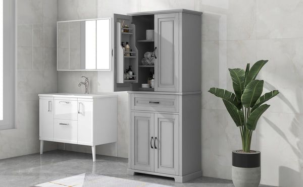English Elm Bathroom Tall Storage Cabinet with Doors and Drawer, Adjustable Shelf, Anti-Tip Safety, MDF Finish Grey N725P210330E